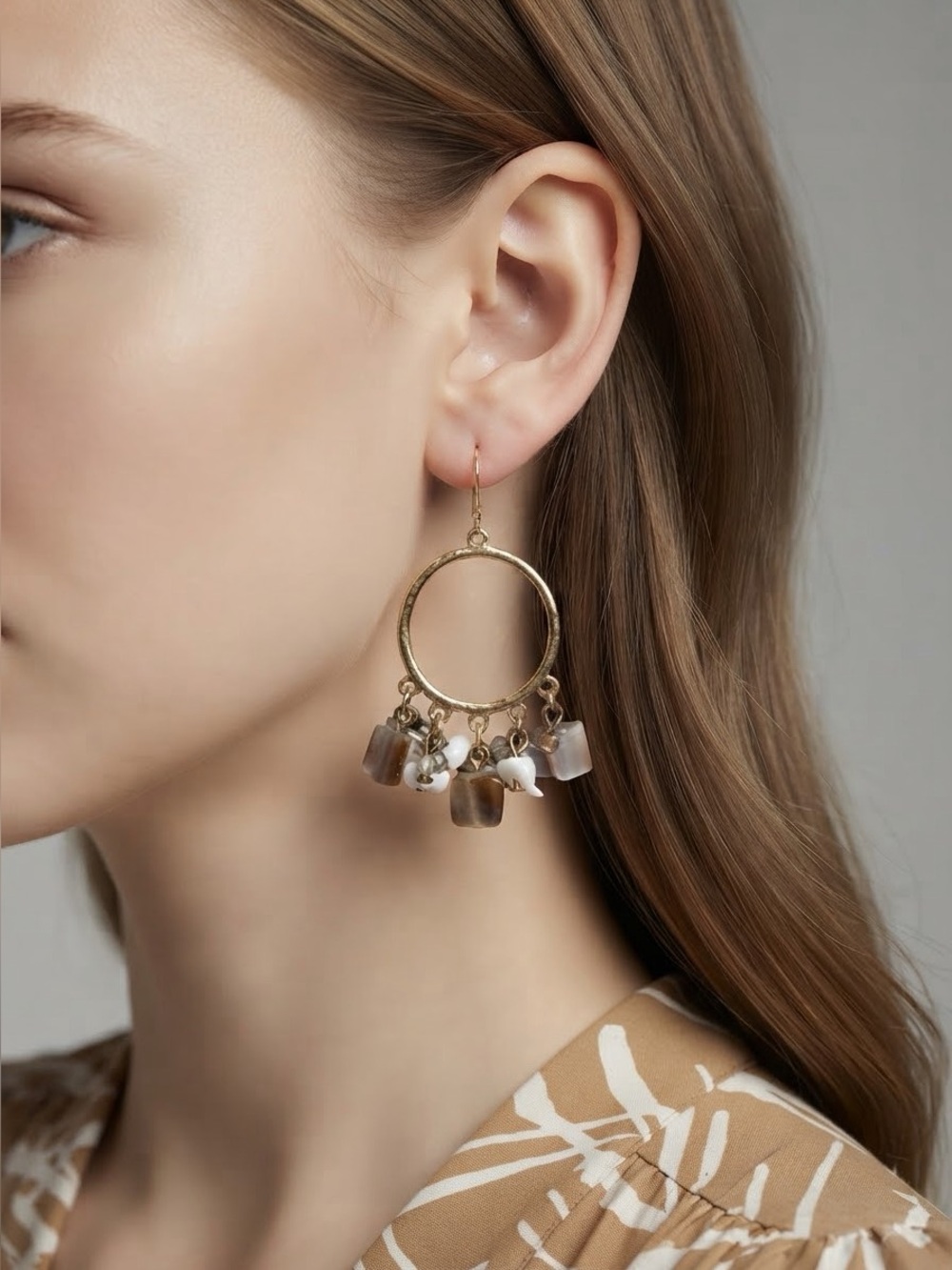 Vintage Boho Gold Hoop Earrings | Mother of Pearl & Stone Bead Dangles